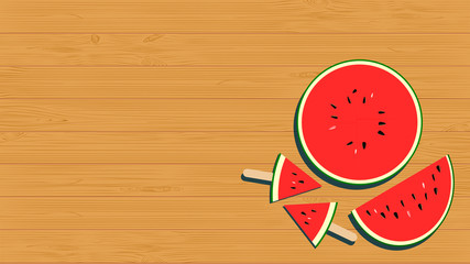 Vector in flat style design. Watermelon, cut half and sliced pieces on brown wooden background. Top view and copy space for text.