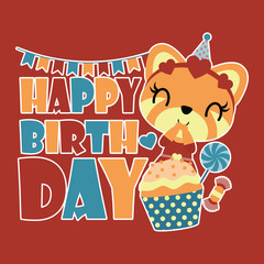 Cute girl fox with birthday cupcake vector cartoon illustration for Kid t-shirt background design, postcard, and wallpaper