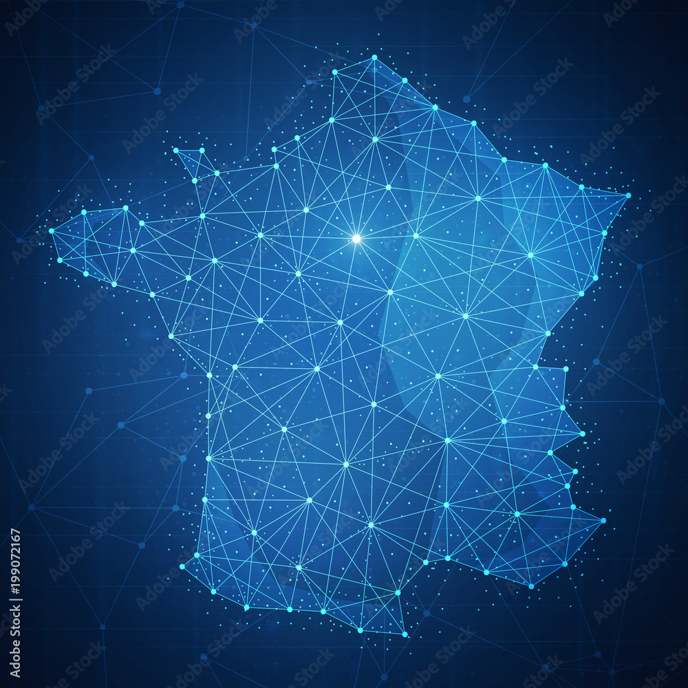 Wall mural polygon france country map with blockchain technology peer to peer network on futuristic hud backgro