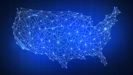 Obraz premium Polygon USA map with blockchain technology peer to peer network on futuristic hud background. Network, p2p business, e-commerce, bitcoin trading and cryptocurrency blockchain business banner concept.