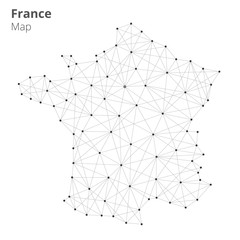 France map illustration in blockchain technology network style on white background. Block chain polygon peer to peer network connected lines technique. Cryptocurrency fintech business concept
