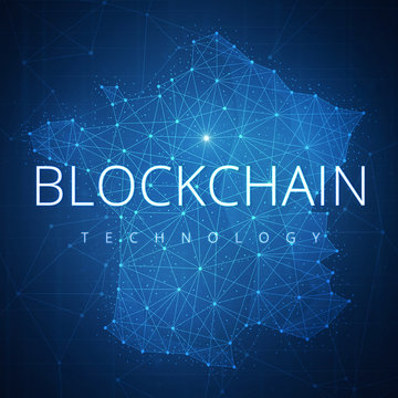 Blockchain technology wording on futuristic hud background with polygon France map and blockchain peer to peer network. Network, e-business and cryptocurrency blockchain business banner concept.