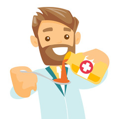 Caucasian white pharmacist pouring cough syrup into spoon. Smiling male pharmacist in medical gown pouring medicine from a bottle into a measuring spoon. Pharmacy concept. Vector cartoon illustration.