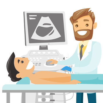 Caucasian white operator of an ultrasound scanning machine analyzing the liver of patient. Young smiling doctor working on a modern ultrasound equipment. Vector cartoon illustration. Square layout.