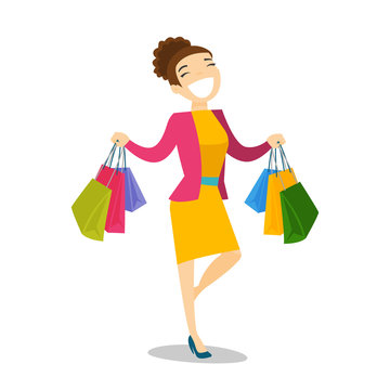 Happy caucasian white woman carrying shopping bags. Young woman holding a lot of shopping bags. Girl showing her purchases. Vector cartoon illustration isolated on white background. Square layout.