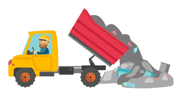 Caucasian white man driving a garbage truck and unloading waste on a rubbish  dump. Worker dumping the rubbish on a landfill. Vector cartoon illustration  isolated on white background. Horizontal layout Stock Vector |