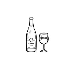 Wine bottle hand drawn outline doodle icon. Vector sketch illustration of bottle and glass of wine for print, web, mobile and infographics isolated on white background.
