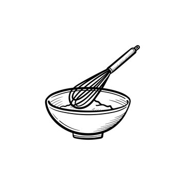 Mixing bowl with a wire whisk hand drawn outline doodle icon. Kitchen utensil - whisk and bowl vector sketch illustration for print, web, mobile and infographics isolated on white background.