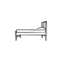 Bed with pillow hand drawn outline doodle icon. Bedroom furniture for sleep - bed with pillow vector sketch illustration for print, web, mobile and infographics isolated on white background.