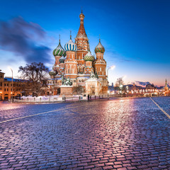 St. Basil's Cathedral on Red Square in Moscow at dawn.