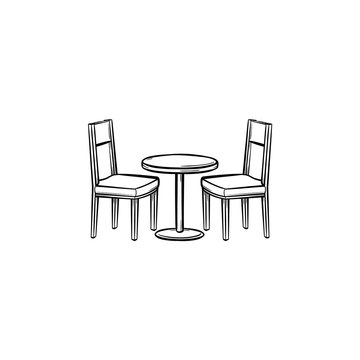 Restaurant Furniture Hand Drawn Outline Doodle Icon. Side View Of Restaurant Furniture - Table And Chairs Vector Sketch Illustration For Print, Mobile And Infographics Isolated On White Background.