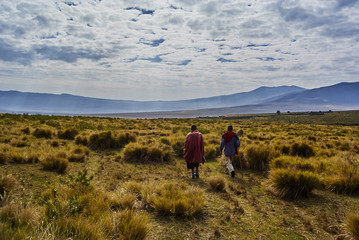 Hike Ngorongoro Conservation Area National park Highlands craters en route for Bulati Village from Nainokanoka with Masai Guide and cook.