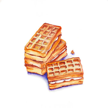 Belgian waffles. Watercolor sketch food. Watercolor illustration isolated on white background.