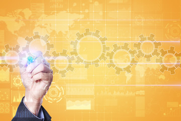 Gears on virtual screen. Business strategy and technology concept. Automation process.