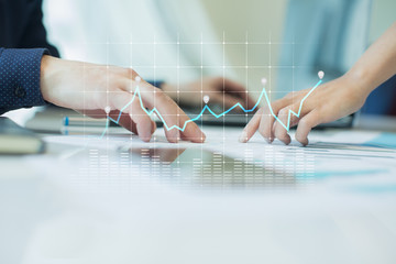 Diagrams and graphs on virtual screen. Business strategy, data analysis technology and financial...