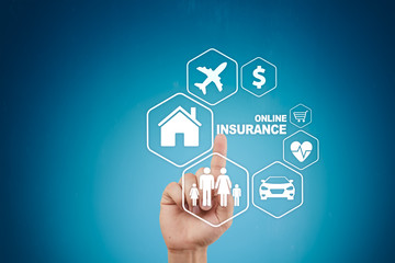Online insurance on virtual screen. Life, car, property, health and family. Internet and digital technology concept.