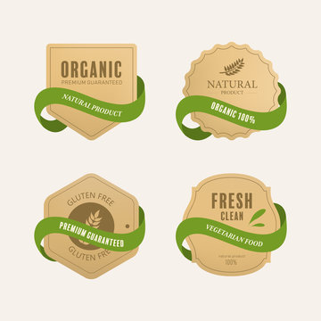 Organic Natural Label And Tag Banner With Green Color. Badge Paper Kraft Design.