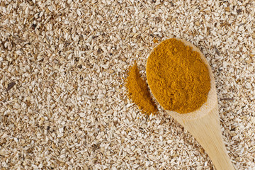 Turmeric powder in spoon on wooden background