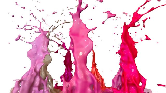 Paints dance with time slowdown on white background. Simulation of 3d splashes of ink on a musical speaker that play music. Splashes as a bright background in ultra high quality 4k. shades of red 20