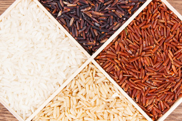 Heap of white, brown, red and black rice, healthy nutrition concept