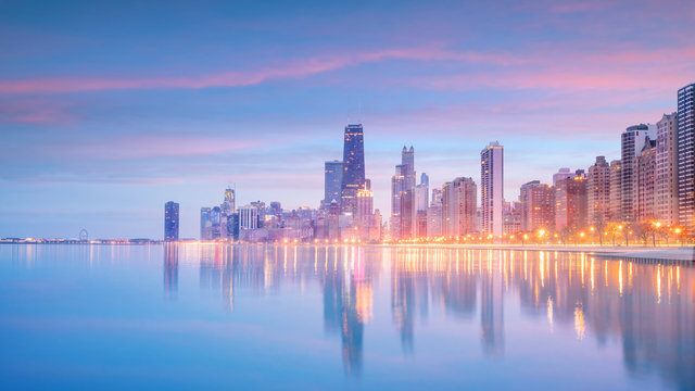 Downtown chicago skyline at sunset Illinois