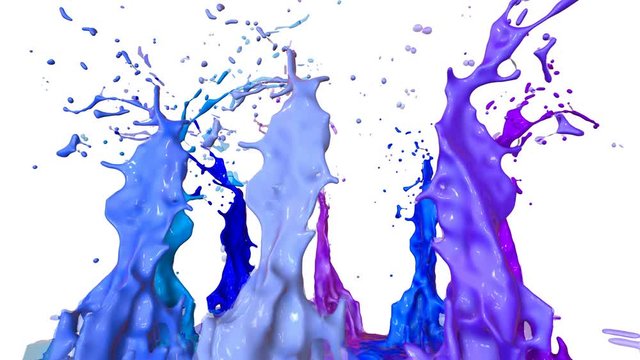 Paints dance with time slowdown on white background. Simulation of 3d splashes of ink on a musical speaker that play music. Splashes as a bright background in ultra high quality 4k. shades of blue 8