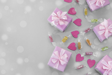 Decorative festive background with gift boxes.