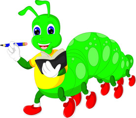 cute catterpillar cartoon standing bring book and pencil with laughing
