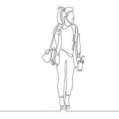 Continuous one drawn line women hipster girl with handbag