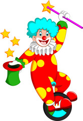 Fototapeta premium funny clown cartoon up monocycle with laughing and bring hat