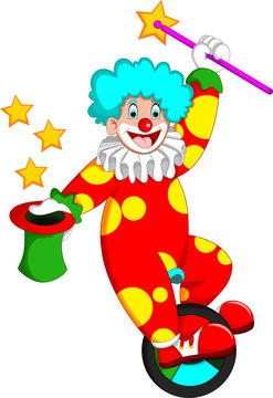 funny clown cartoon up monocycle with laughing and bring hat