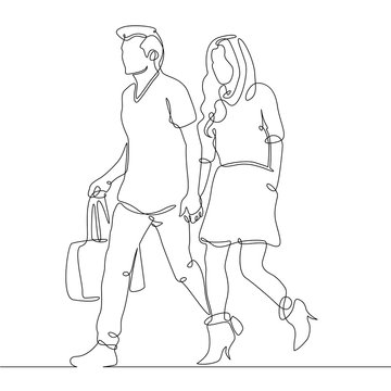 recommend clip art: continuous line drawing of young couple, together happy older couple walking 