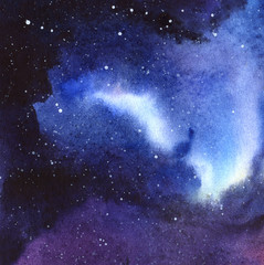 Night starry sky. Hand drawn on a wet paper real watercolor Illustration.