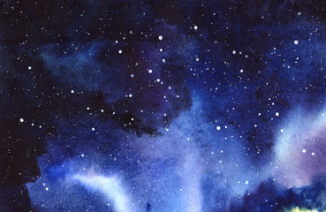 Night starry sky. Hand drawn on a wet paper real watercolor Illustration.