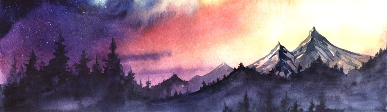 Panorama of mountain ranges and spruce forest against a background of the setting sun sky gradient from purple to red to yellow