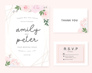 wedding invitation card with golden rose.