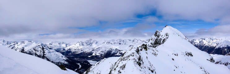 panorama winter mountain landscape with peaks and the lakes near St. Moritz in the background