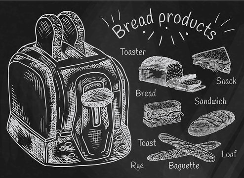Chalk drawing bread products. Best choice for breakfast. Toaster and breadon the chalkboard background