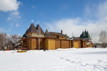 Moscow, Russia - March 29, 2018: Wooden Palace of Tsar Alexei Mikhailovich in Kolomenskoye Park on a Sunny winter day