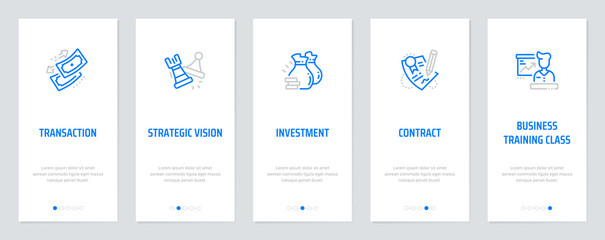 Transaction, Strategic vision, Investment, Contract, Business training class Vertical Cards with strong metaphors.