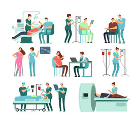 Medical doctors and patients in clinic. Vector people and medicine isolated