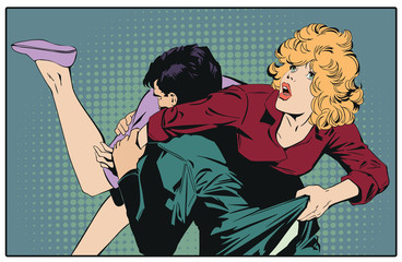 Man carries a woman on shoulder. People in retro style.