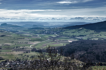 Blick bei klarer Sicht vom Hohenhewen im Hegau auf die Alpen