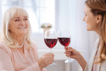 Delicious drink. Close up of glasses with wine being clinked by nice joyful cheerful women