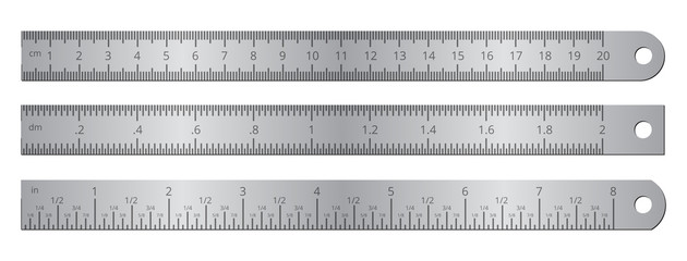Metallic school rulers with inch and centimeter measuring scale vector illustration isolated on white background