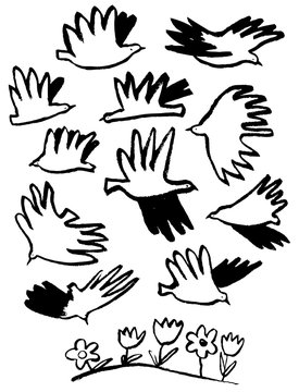 Spring inspirational doodle illustration. Crowd of pigeon birds flying in the sky. Hand drawn sketchy vector