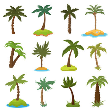 Cartoon palm trees on tropical exotic islands vector set