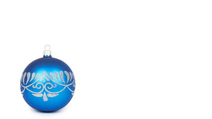 Cristmas decoration, glass blue ball isolated on white background. New Year object. copy space, template