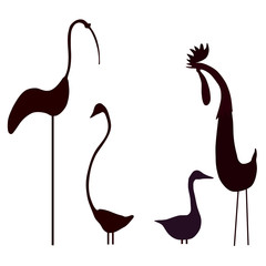 Stylized silhouettes of birds. Cartoon cock, duck, swan and crane on white background