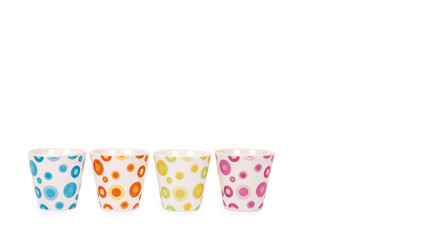 line made from multicolored cups isolated on white background. copy space, template